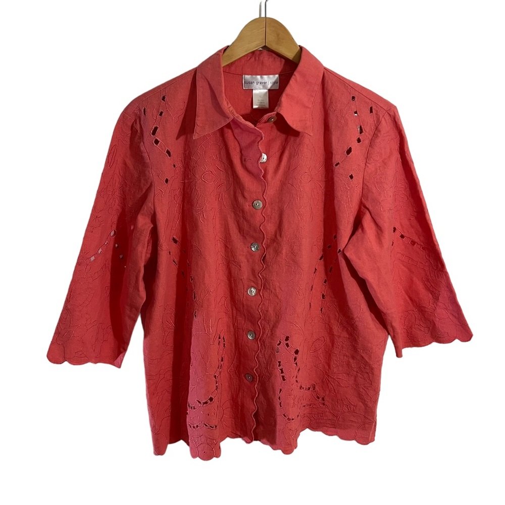 Susan Graver Button Up Blouse XL Embroidered Peach Scalloped Cutouts Eyelet Top